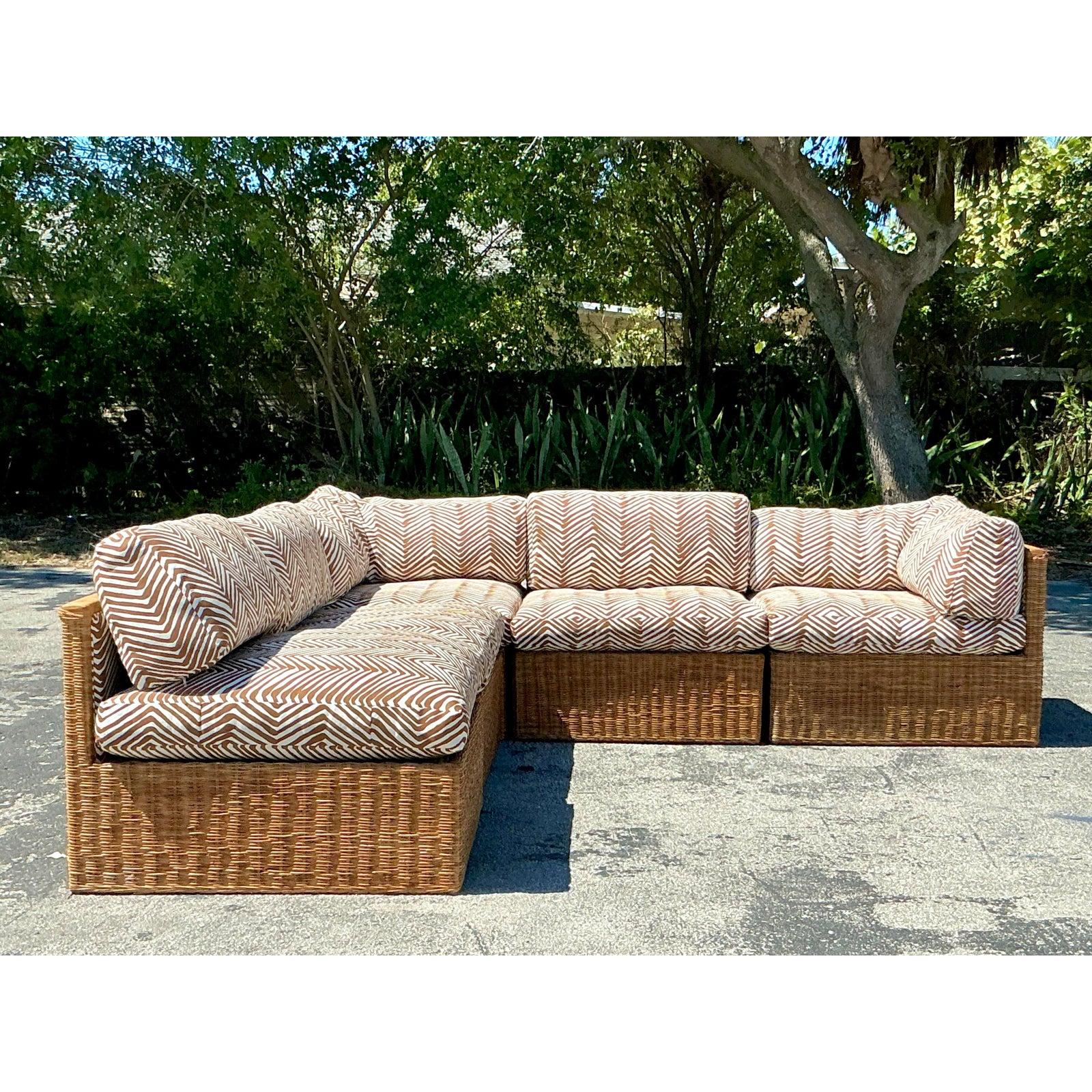 Fabric Vintage Coastal Woven Rattan Quadrille “Zig Zag” Sectional Sofa