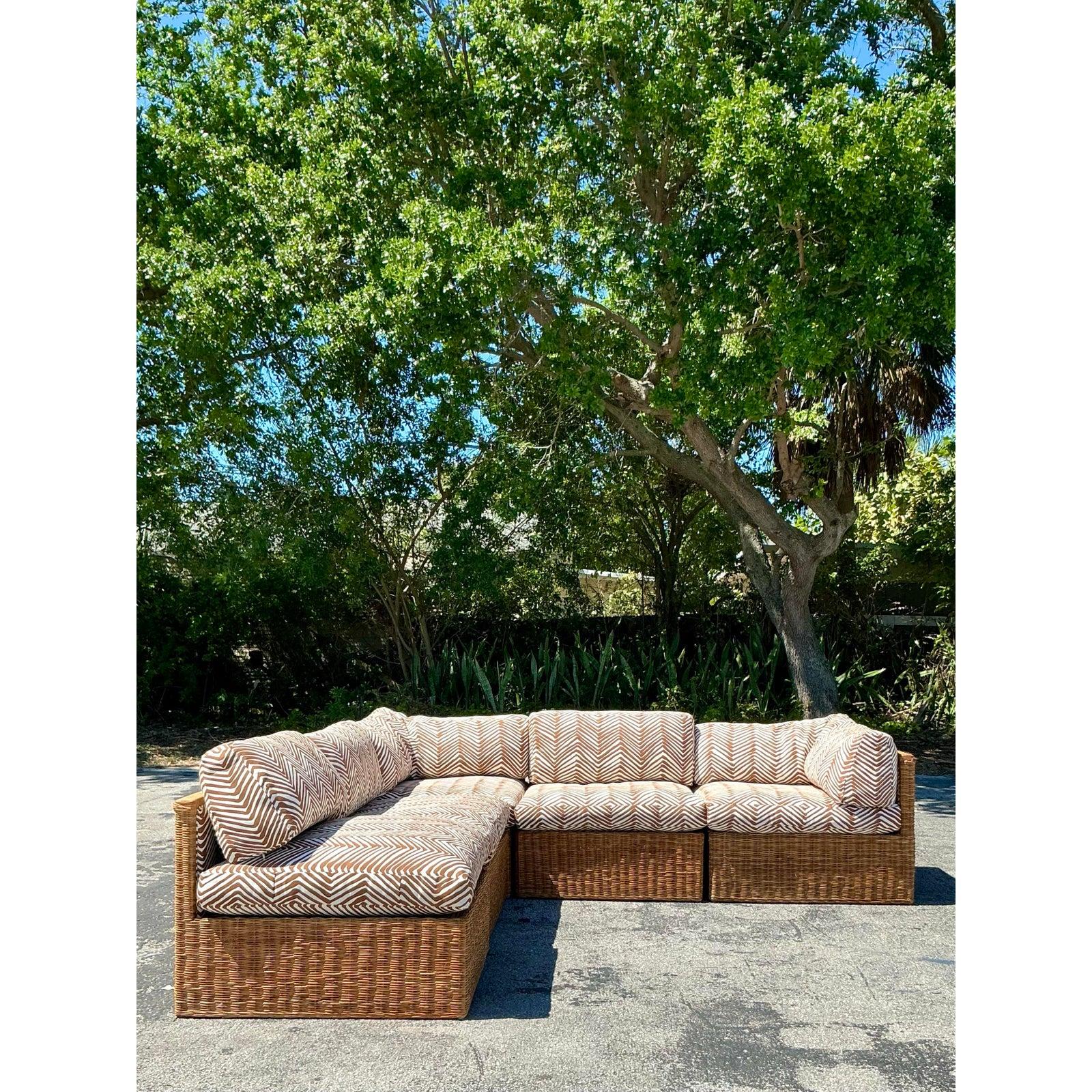 Vintage Coastal Woven Rattan Quadrille “Zig Zag” Sectional Sofa 1