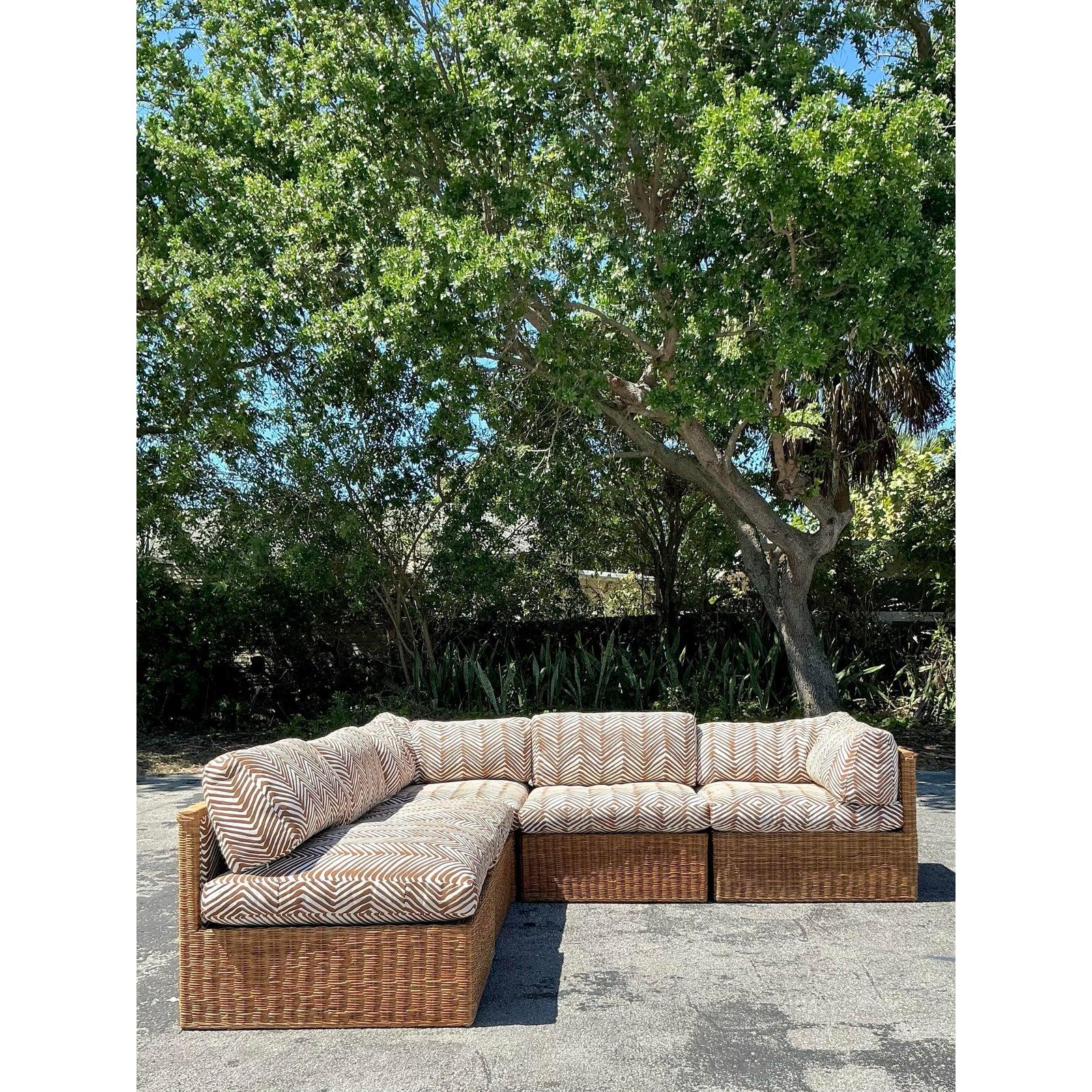 Vintage Coastal Woven Rattan Quadrille “Zig Zag” Sectional Sofa 2