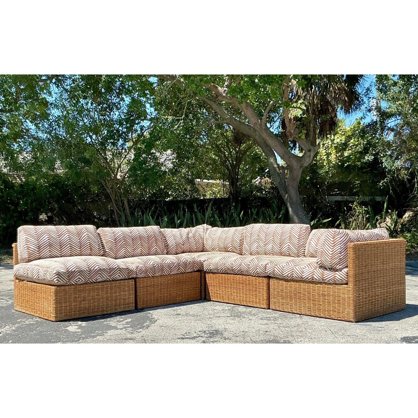 Vintage Coastal Woven Rattan Quadrille “Zig Zag” Sectional Sofa 3