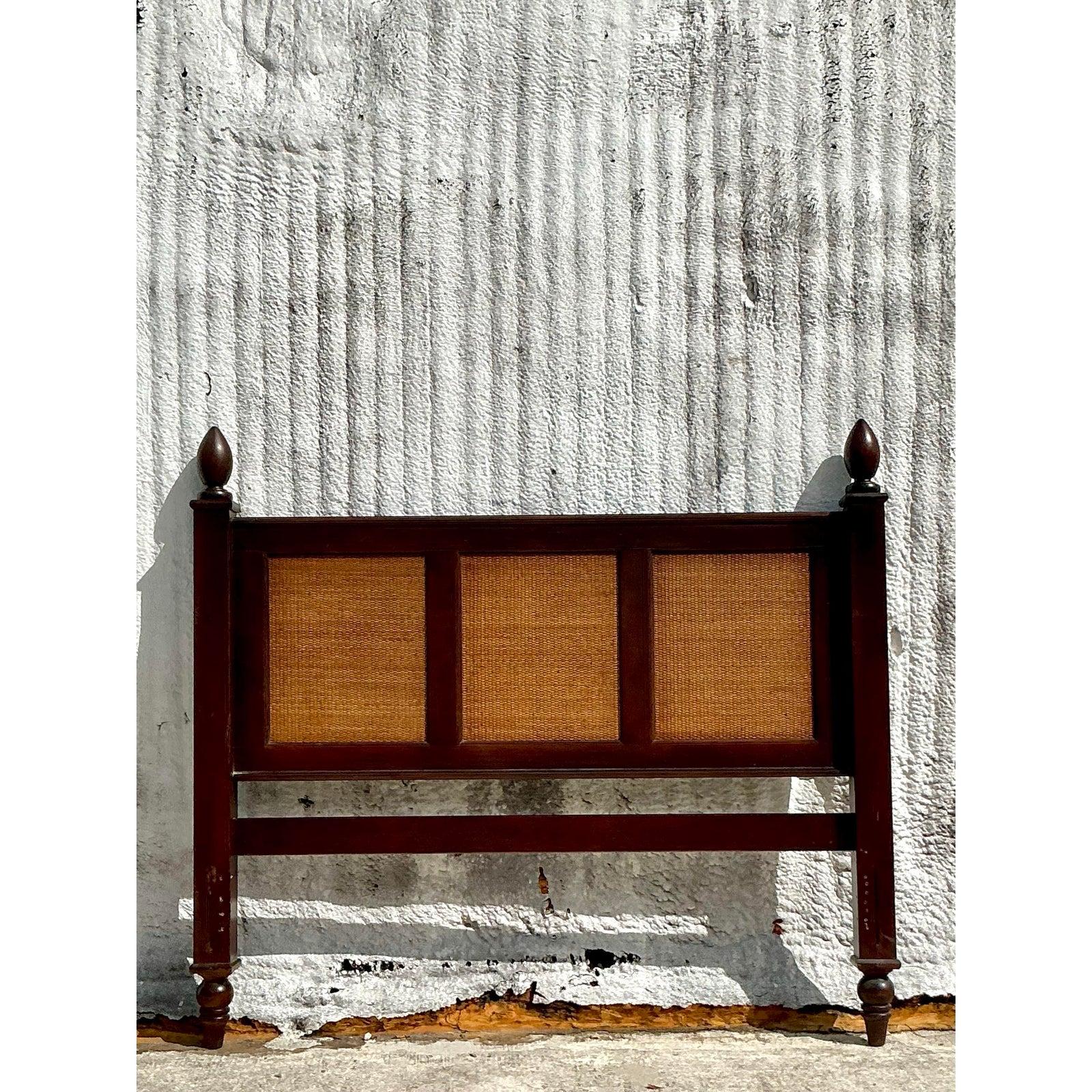 Vintage Coastal Woven Rattan Queen Headboard In Good Condition In west palm beach, FL