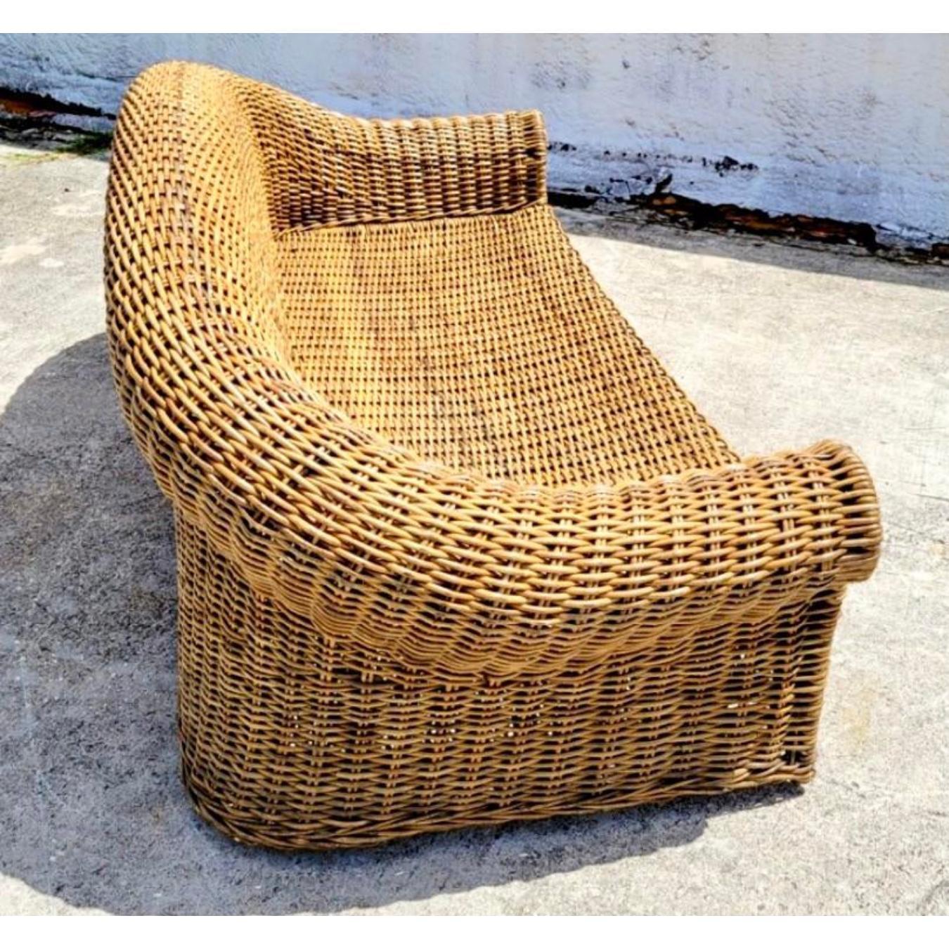 Bohemian Vintage Coastal Woven Rattan Roll Back Sofa For Sale