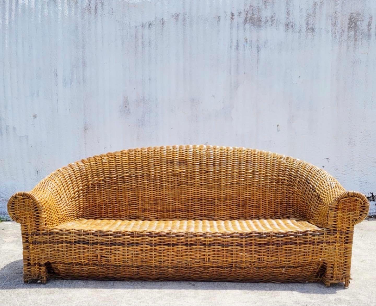Philippine Vintage Coastal Woven Rattan Roll Back Sofa For Sale