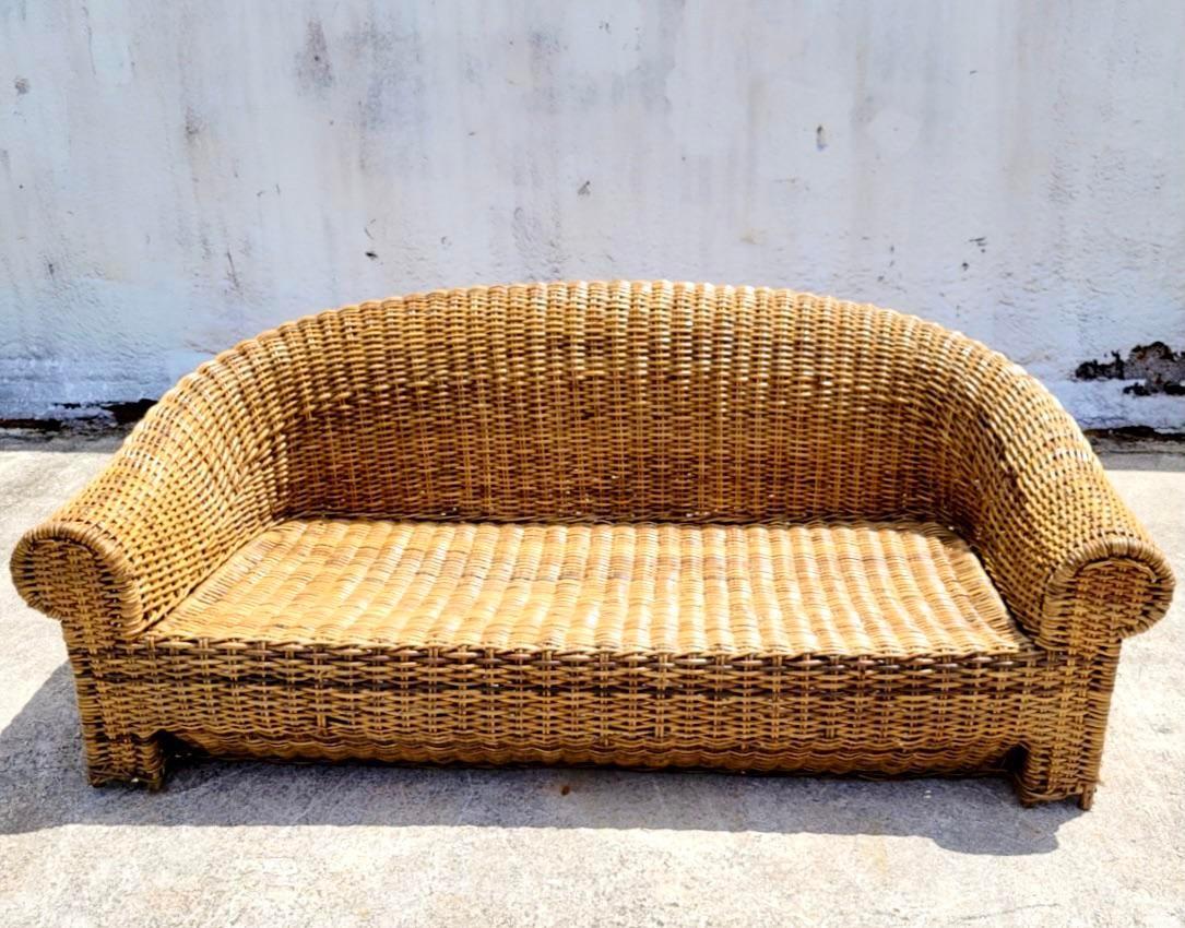 20th Century Vintage Coastal Woven Rattan Roll Back Sofa For Sale