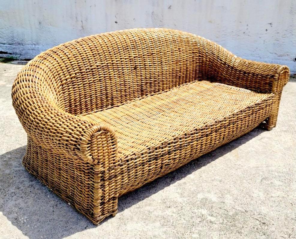 Vintage Coastal Woven Rattan Roll Back Sofa For Sale 1