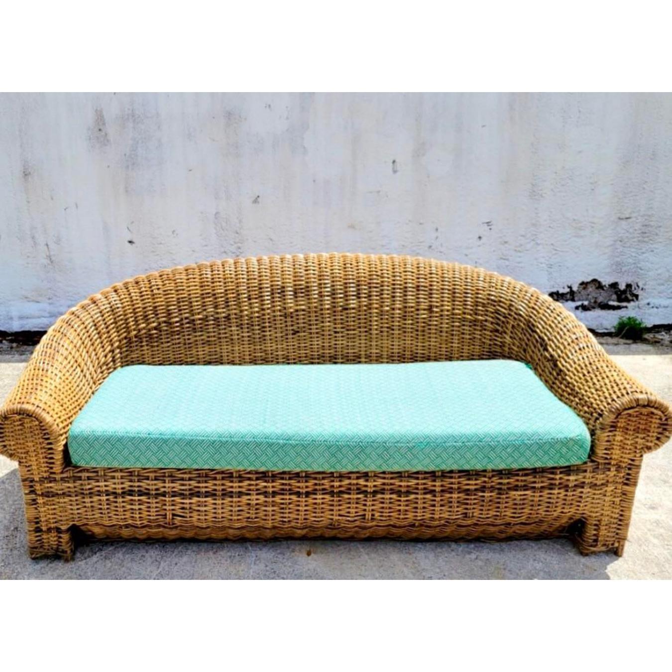 Vintage Coastal Woven Rattan Roll Back Sofa For Sale 2