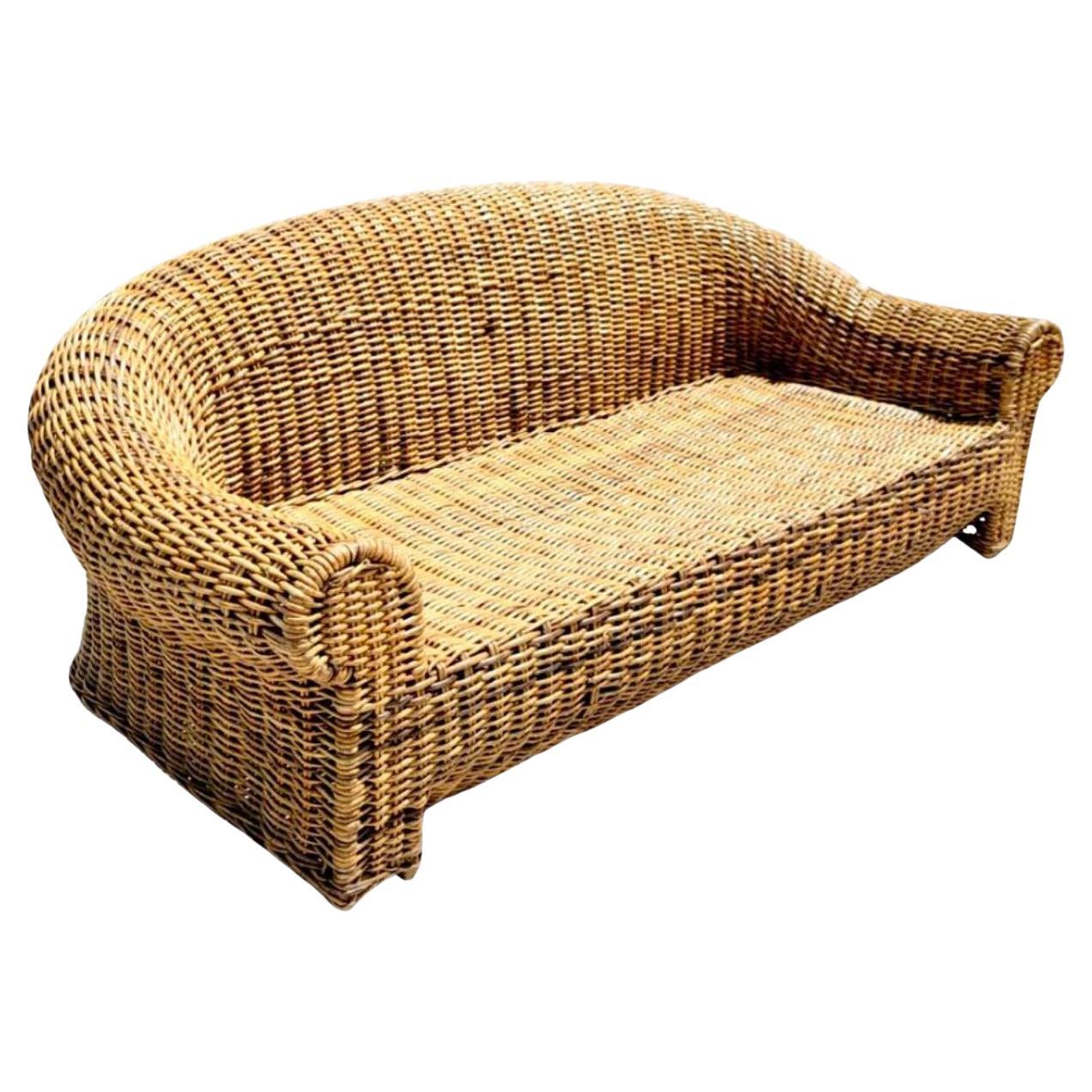 Vintage Coastal Woven Rattan Roll Back Sofa