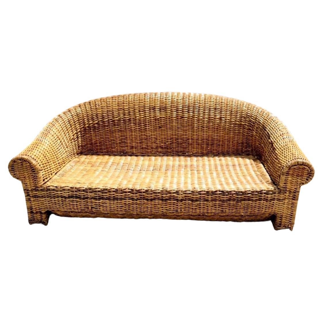 Vintage Coastal Woven Rattan Roll Back Sofa