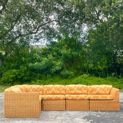Vintage Coastal Woven Rattan Flame Stitch Sectional Sofa