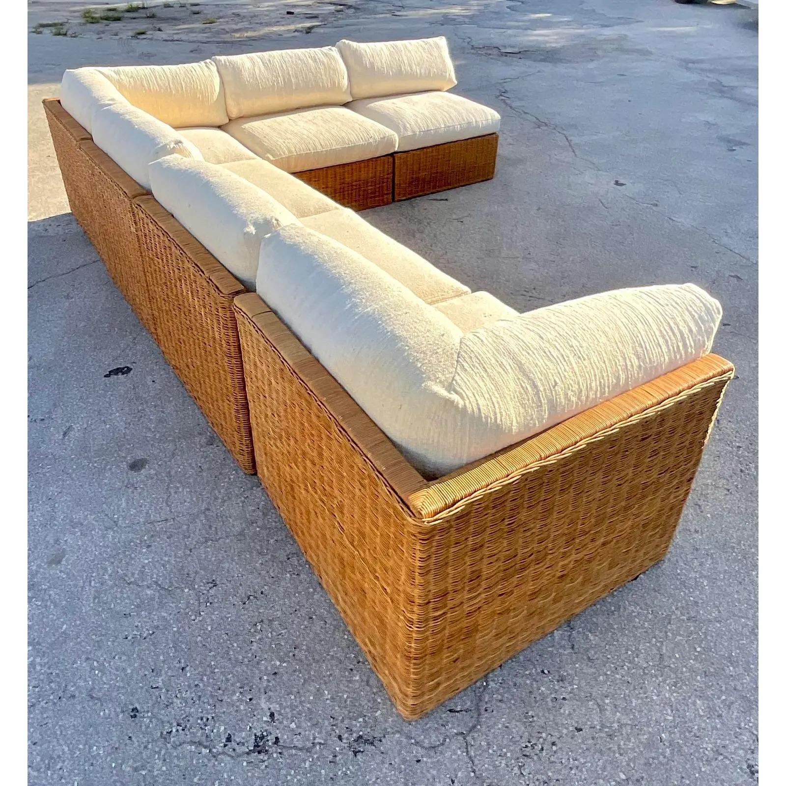 North American Vintage Coastal Woven Rattan Sectional Sofa