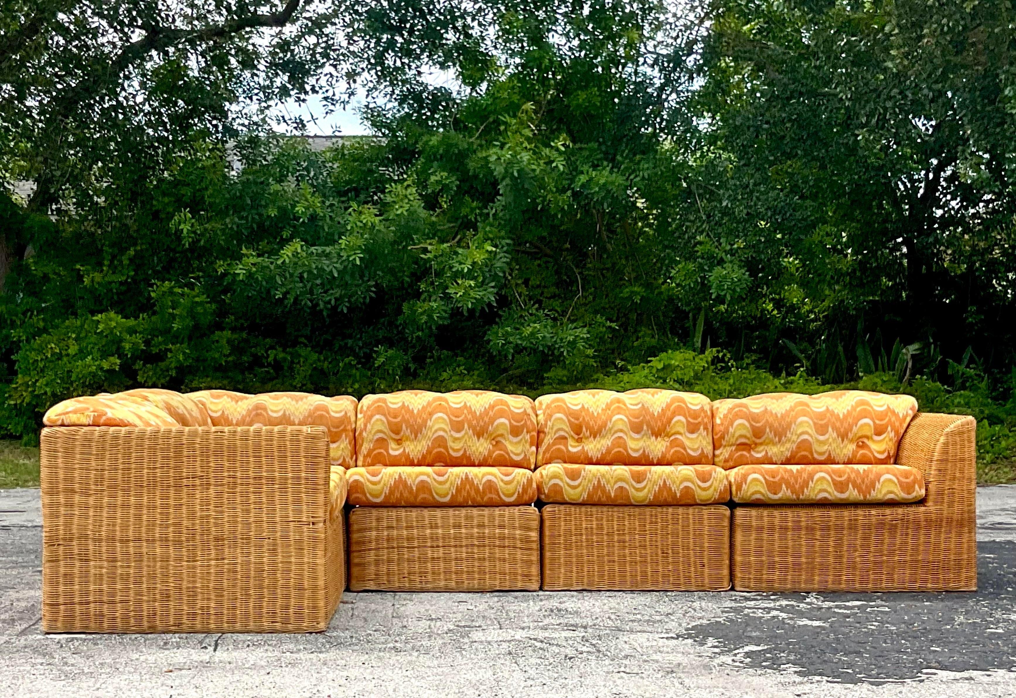 Philippine Vintage Coastal Woven Rattan Flame Stitch Sectional Sofa