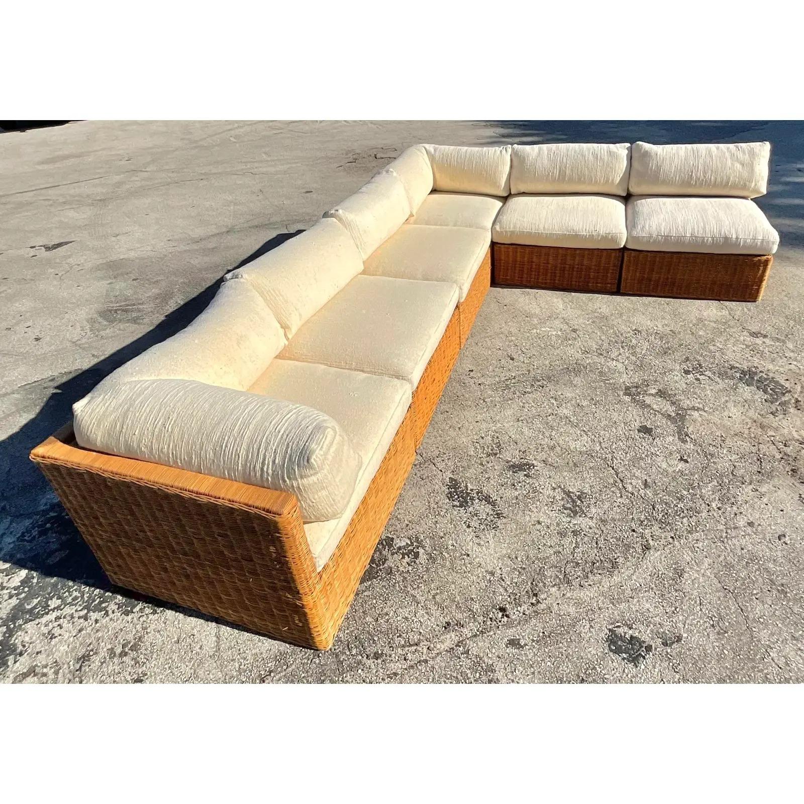 Vintage Coastal Woven Rattan Sectional Sofa In Good Condition In west palm beach, FL