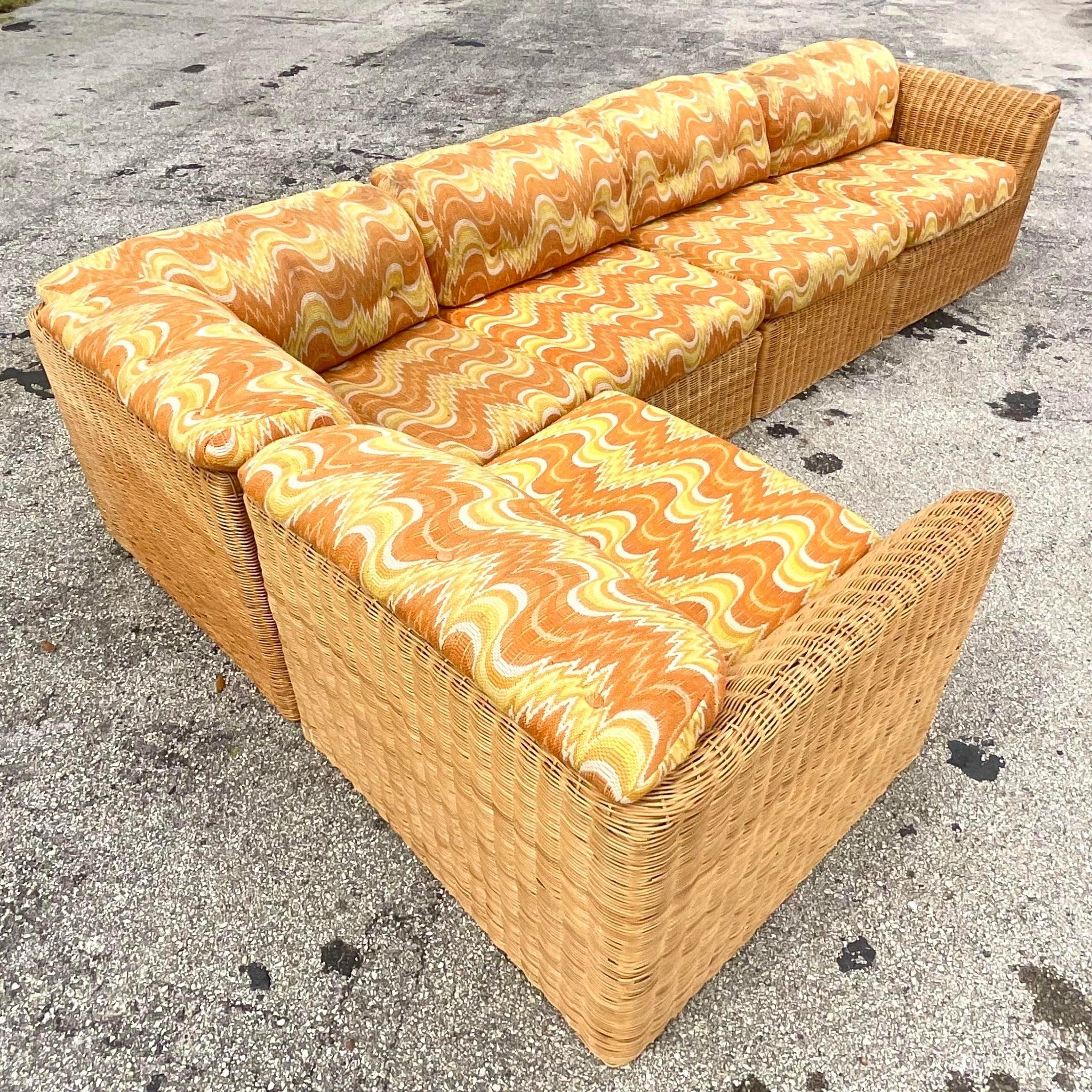 Vintage Coastal Woven Rattan Flame Stitch Sectional Sofa In Good Condition In west palm beach, FL