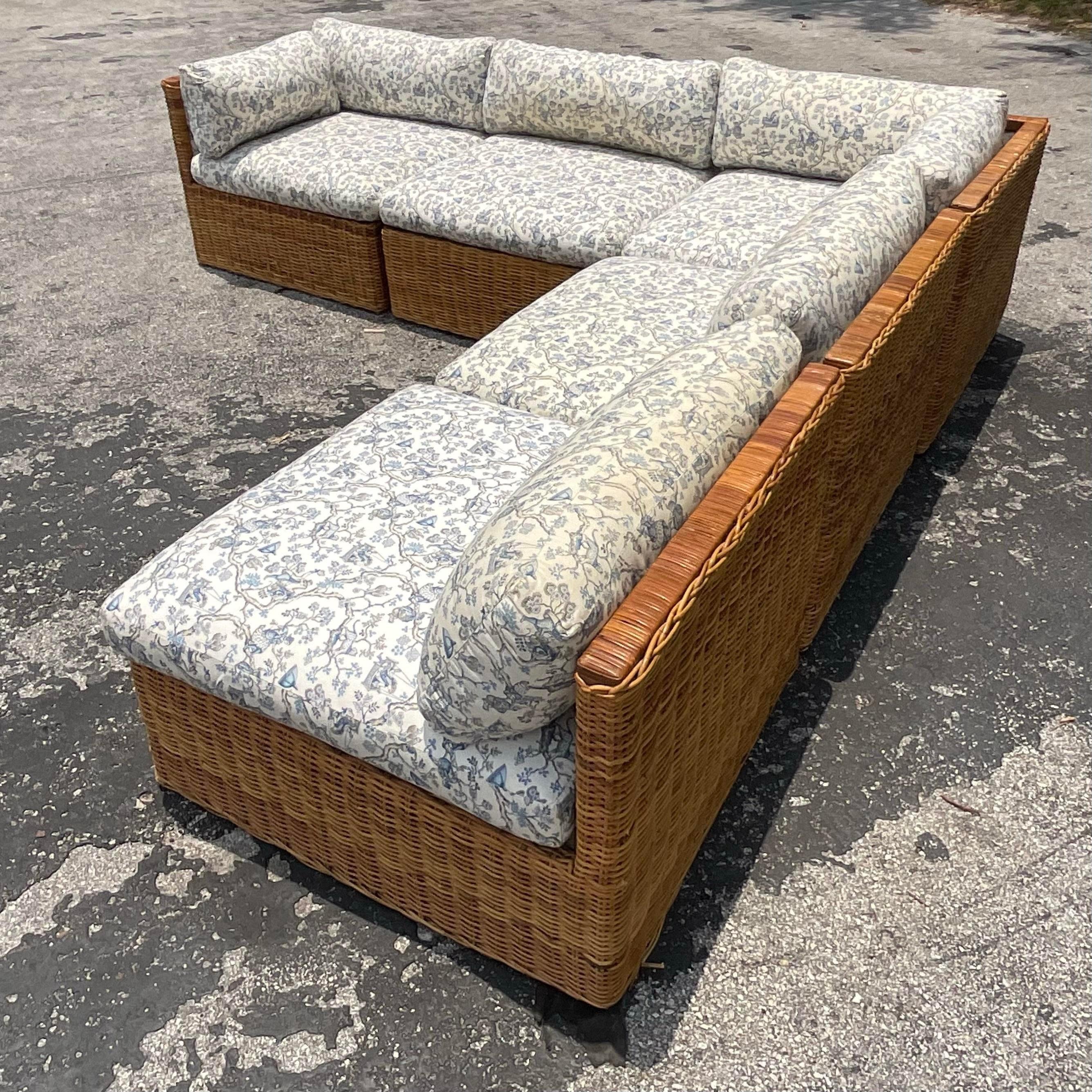 American Vintage Coastal Woven Rattan Sectional Sofa