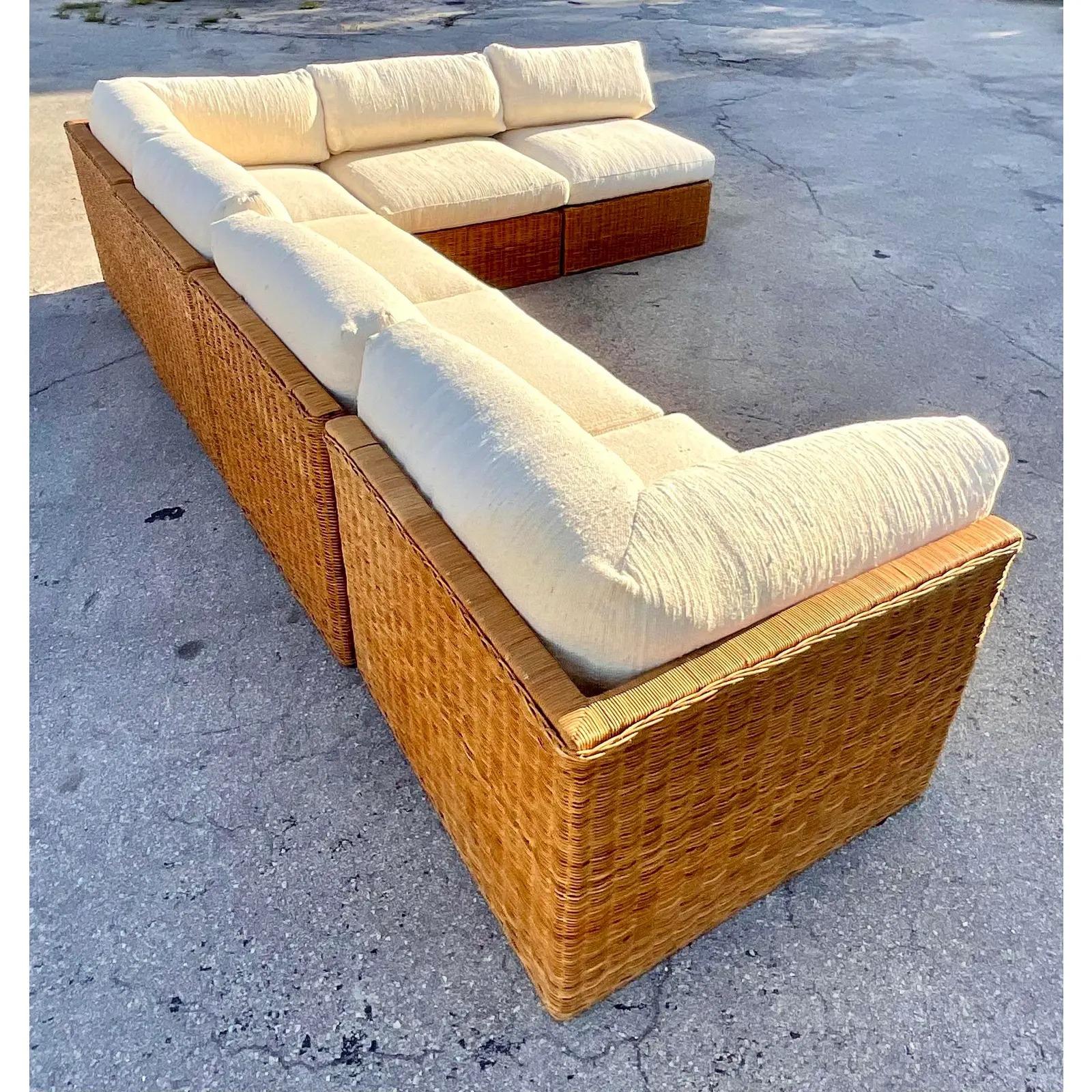 20th Century Vintage Coastal Woven Rattan Sectional Sofa