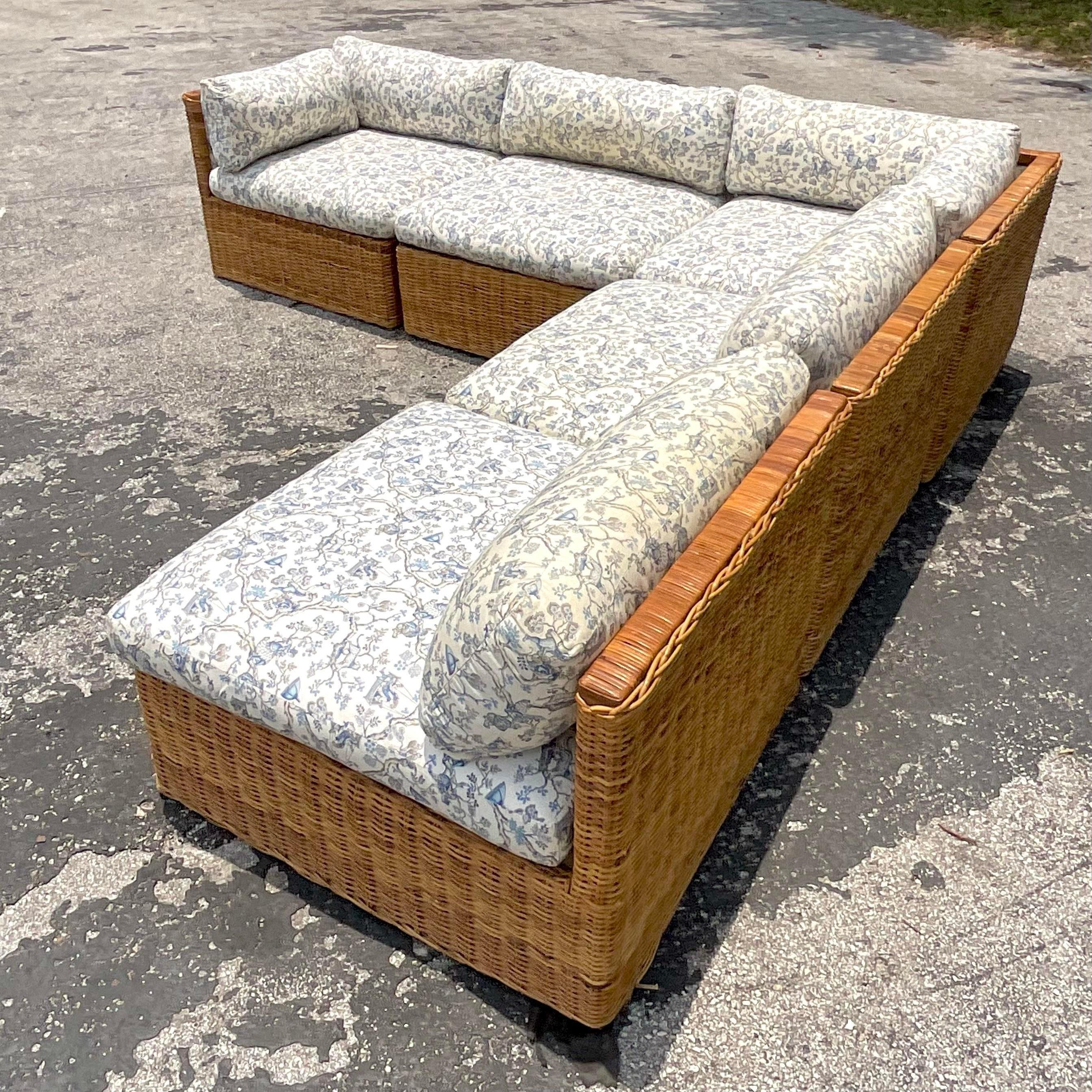 Vintage Coastal Woven Rattan Sectional Sofa In Good Condition In West Palm Beach, FL