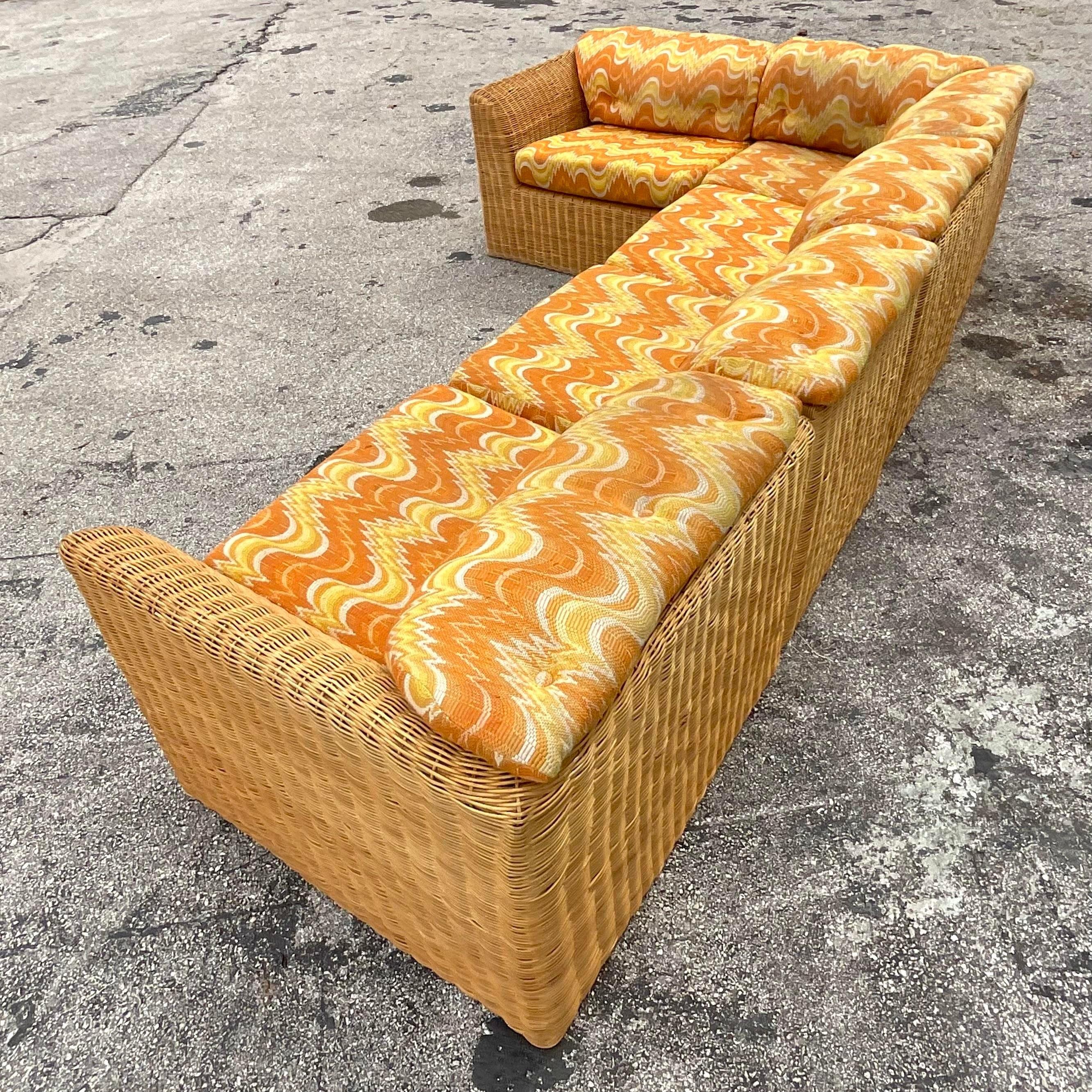 Upholstery Vintage Coastal Woven Rattan Flame Stitch Sectional Sofa