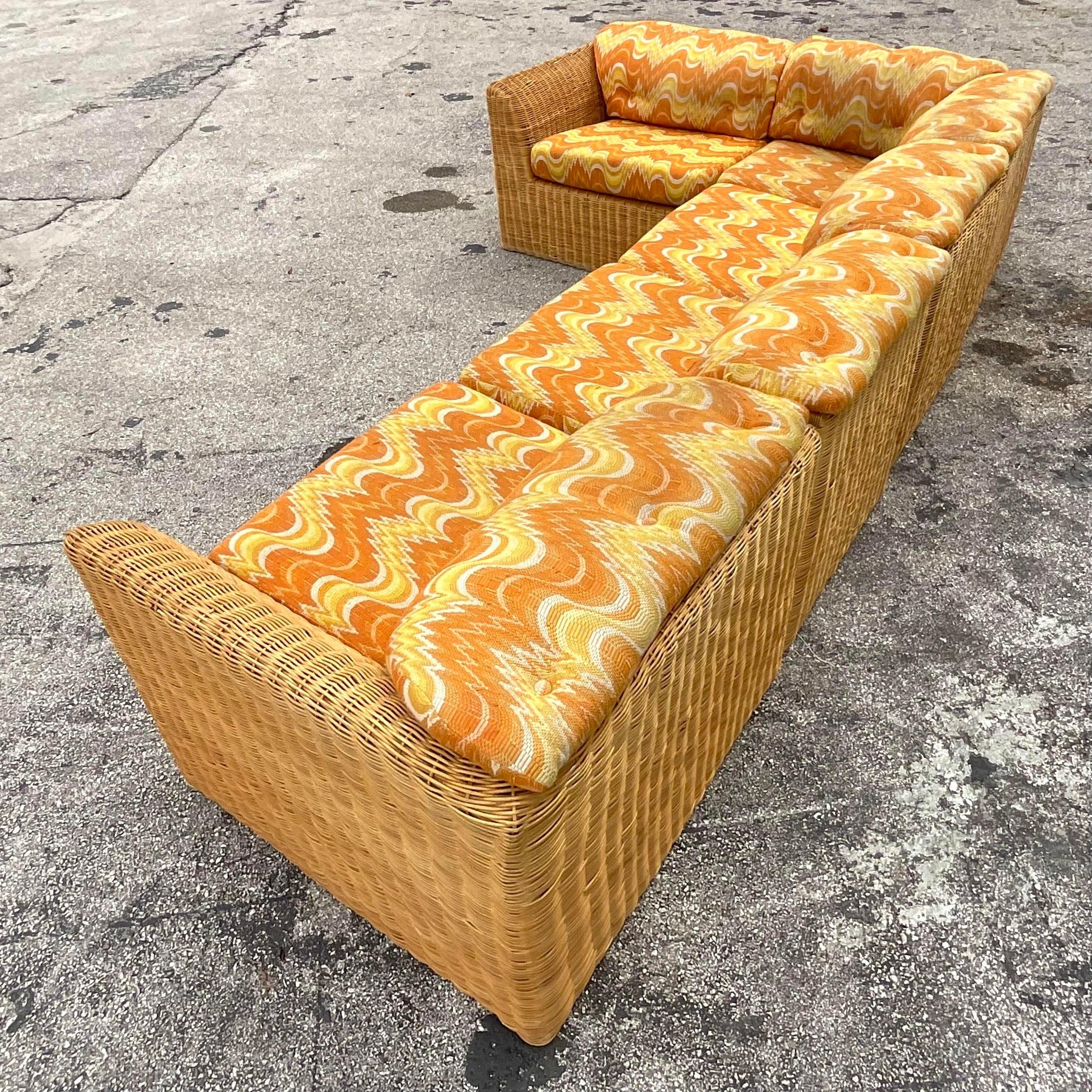 Vintage Coastal Woven Rattan Flame Stitch Sectional Sofa 2