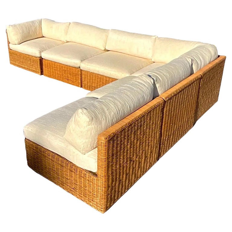 Vintage Coastal Woven Rattan Sectional Sofa For Sale at 1stDibs