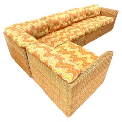 Vintage Coastal Woven Rattan Flame Stitch Sectional Sofa