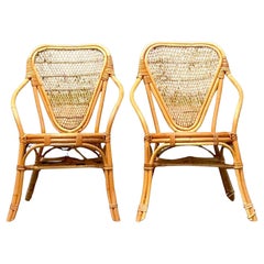 Vintage Coastal Woven Rattan Shield Back Chairs - a Pair