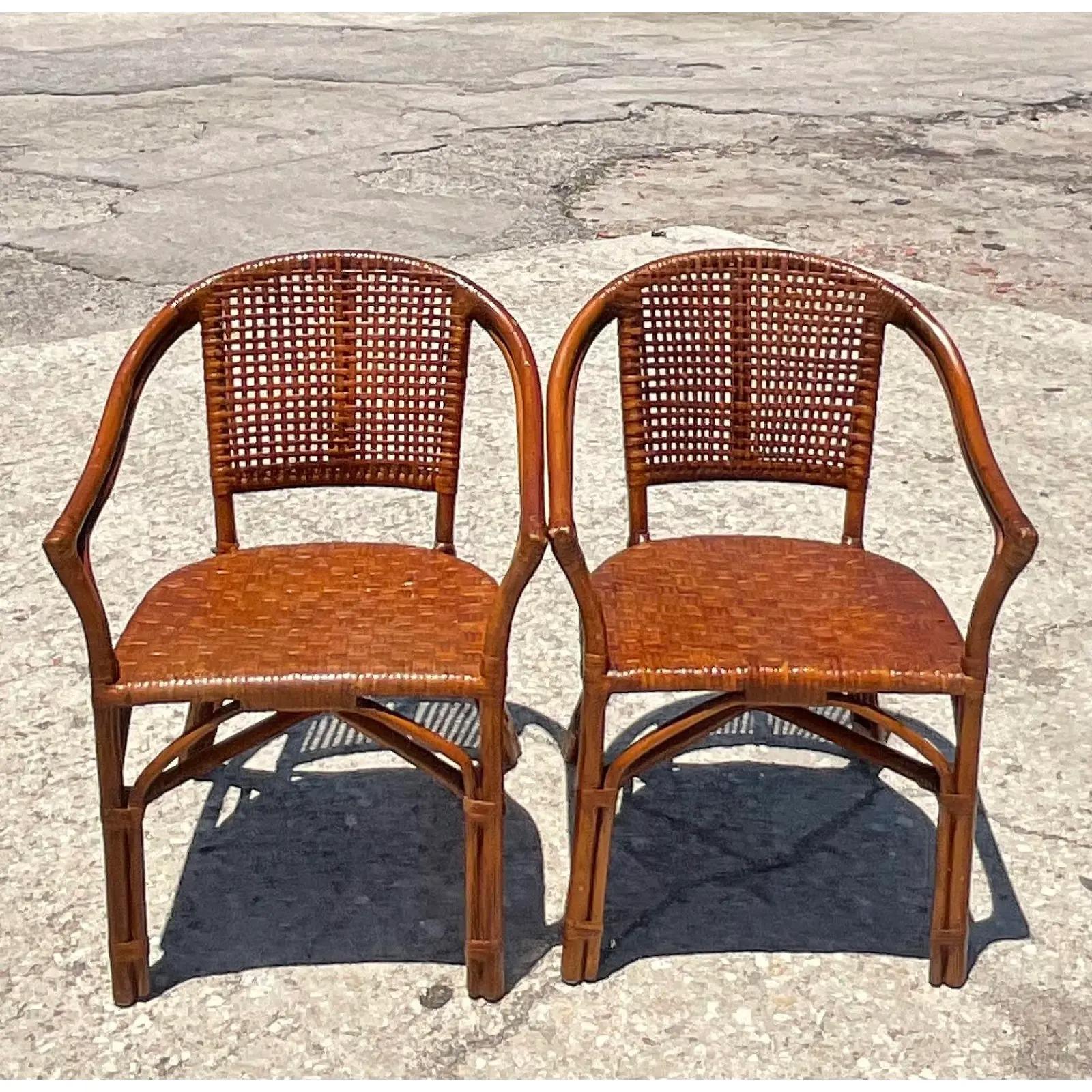 Philippine Vintage Coastal Woven Rattan Side Chairs, a Pair