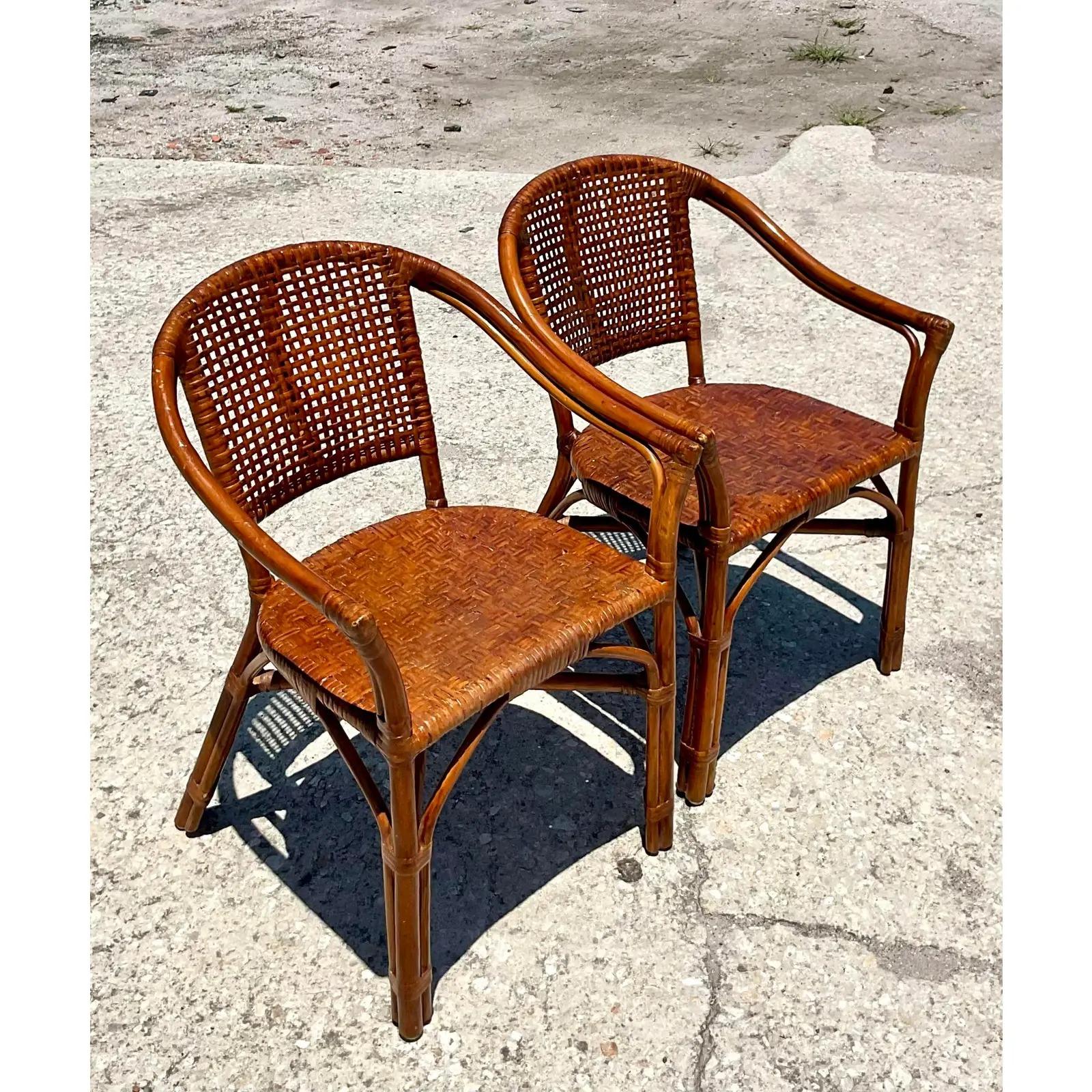 Vintage Coastal Woven Rattan Side Chairs, a Pair In Good Condition In west palm beach, FL