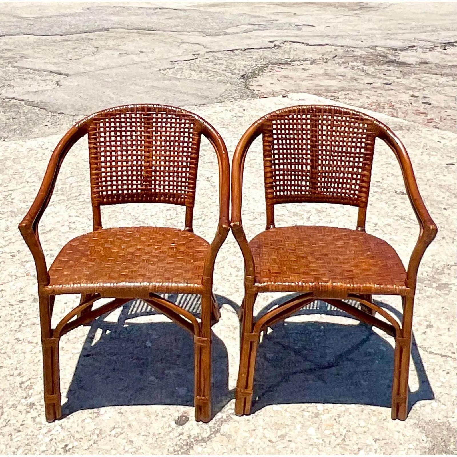 20th Century Vintage Coastal Woven Rattan Side Chairs, a Pair
