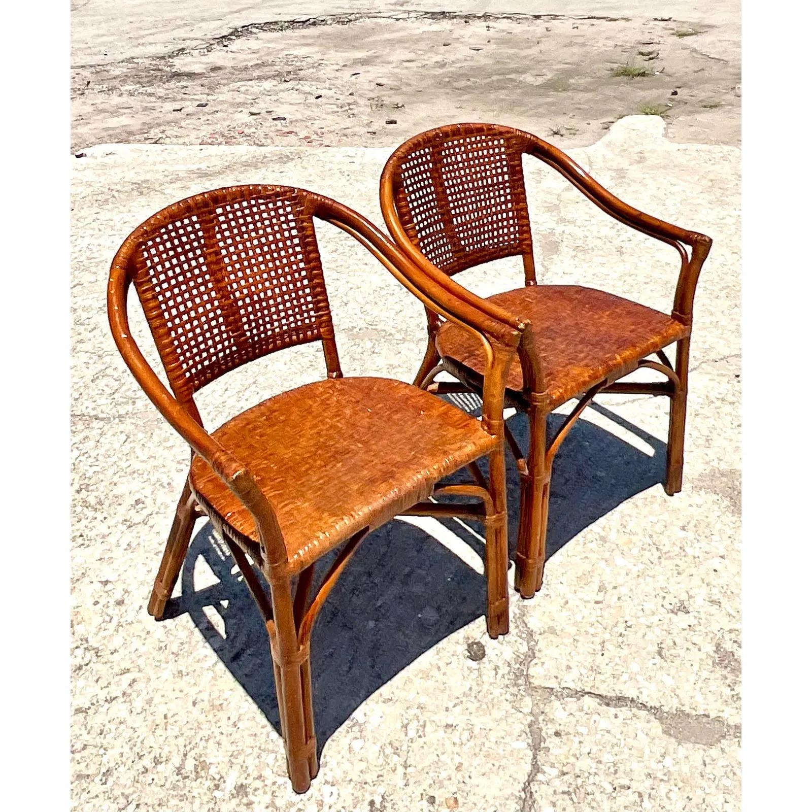 Vintage Coastal Woven Rattan Side Chairs, a Pair 1
