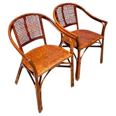 Vintage Coastal Woven Rattan Side Chairs, a Pair