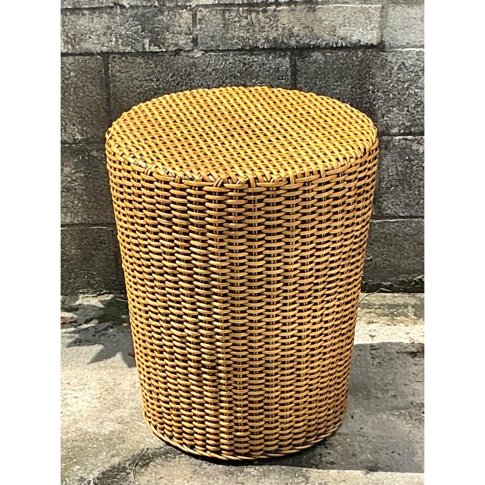 Vintage Coastal Woven Rattan Side Table For Sale 3