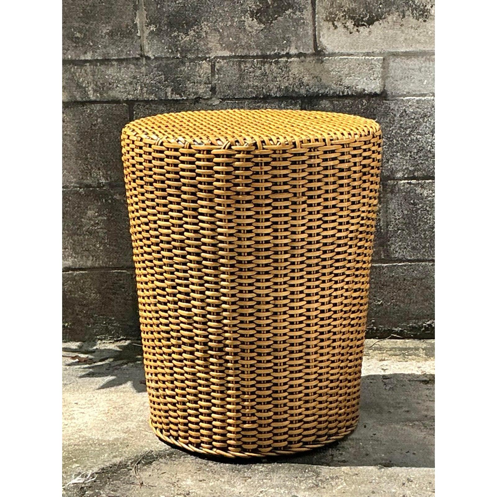 Vintage Coastal Woven Rattan Side Table For Sale 4