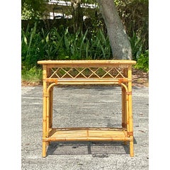 Vintage Coastal Woven Rattan Side Table