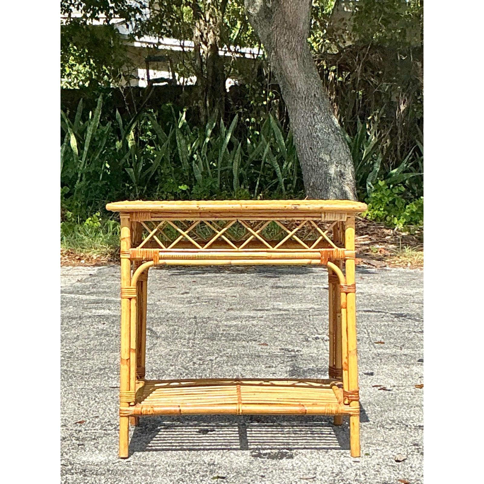 Mid-Century Modern Vintage Coastal Woven Rattan Side Table For Sale