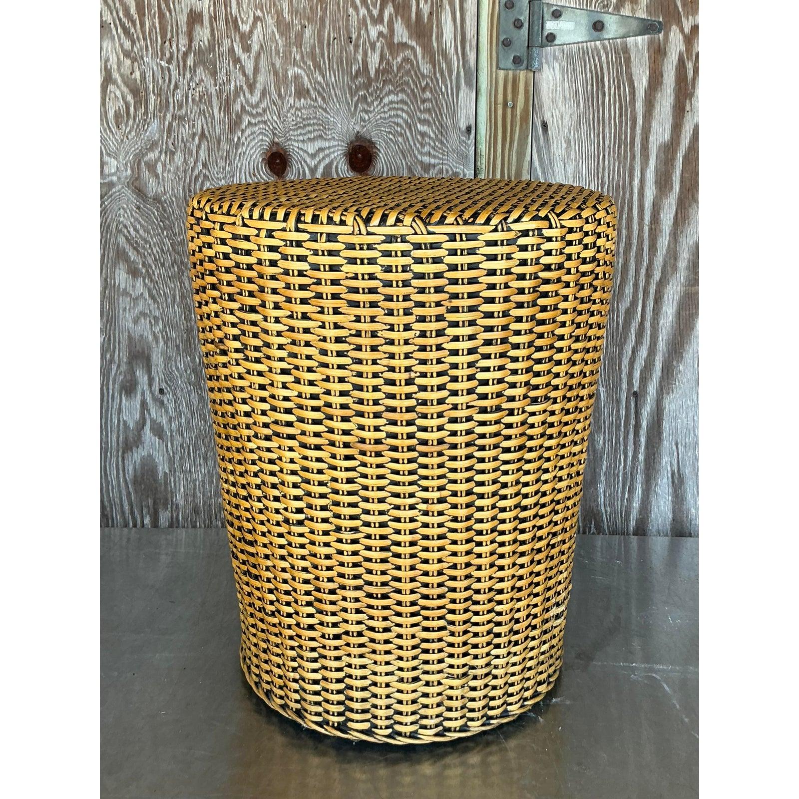 Organic Modern Vintage Coastal Woven Rattan Side Table For Sale