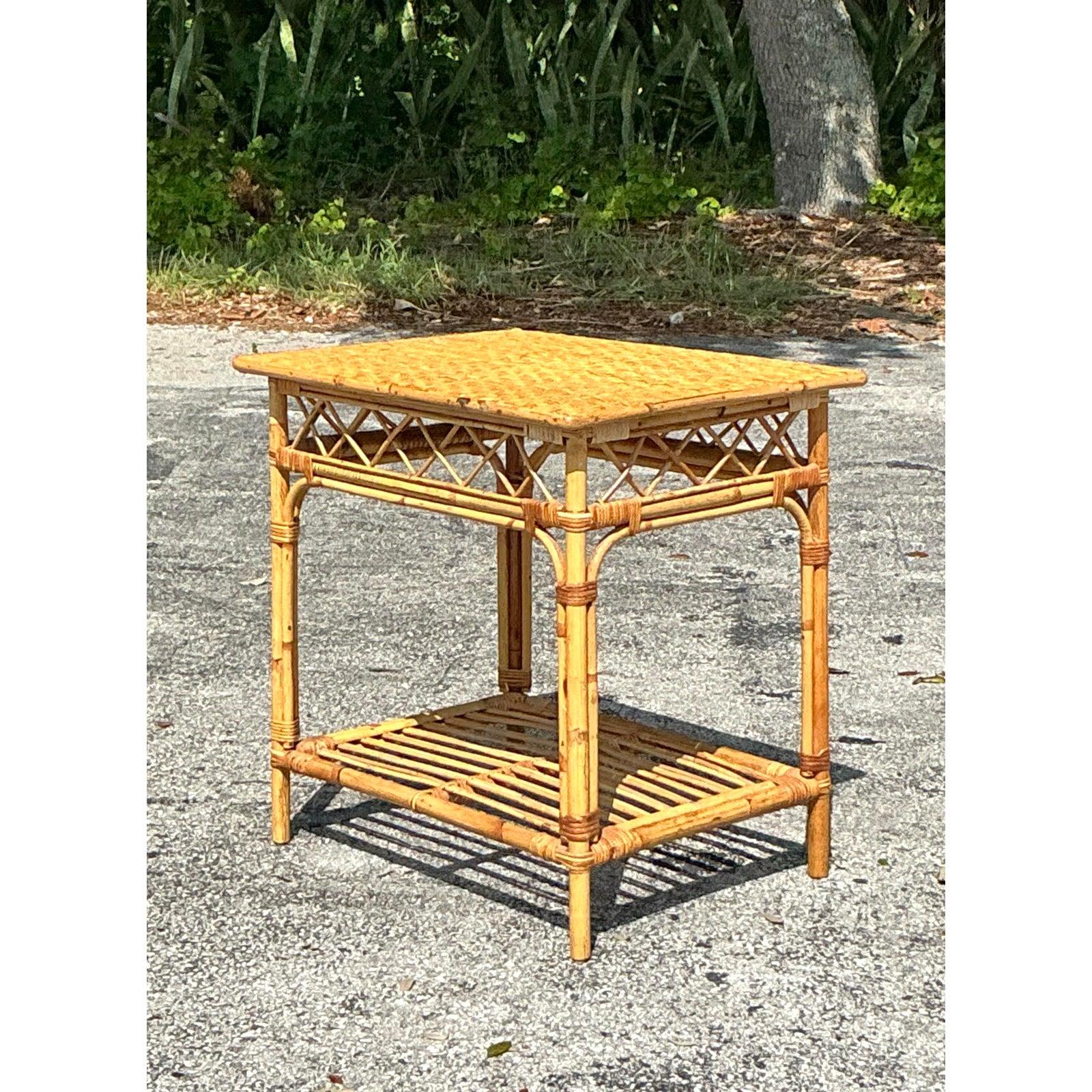 Vintage Coastal Woven Rattan Side Table In Good Condition For Sale In west palm beach, FL