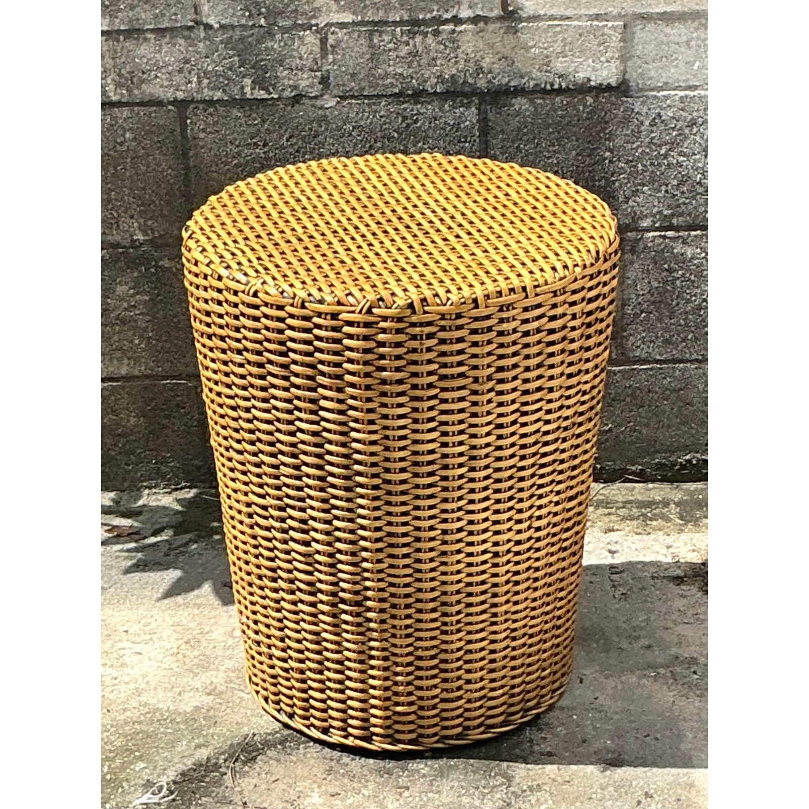 Vintage Coastal Woven Rattan Side Table In Good Condition For Sale In west palm beach, FL