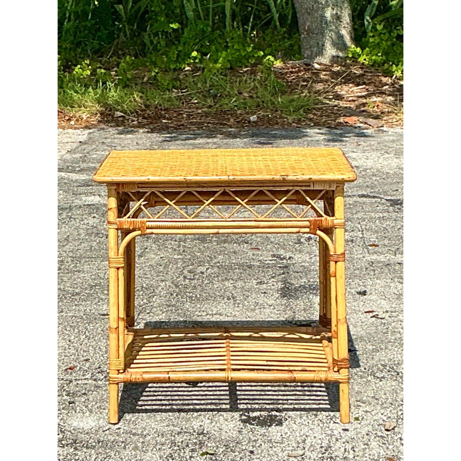 20th Century Vintage Coastal Woven Rattan Side Table For Sale