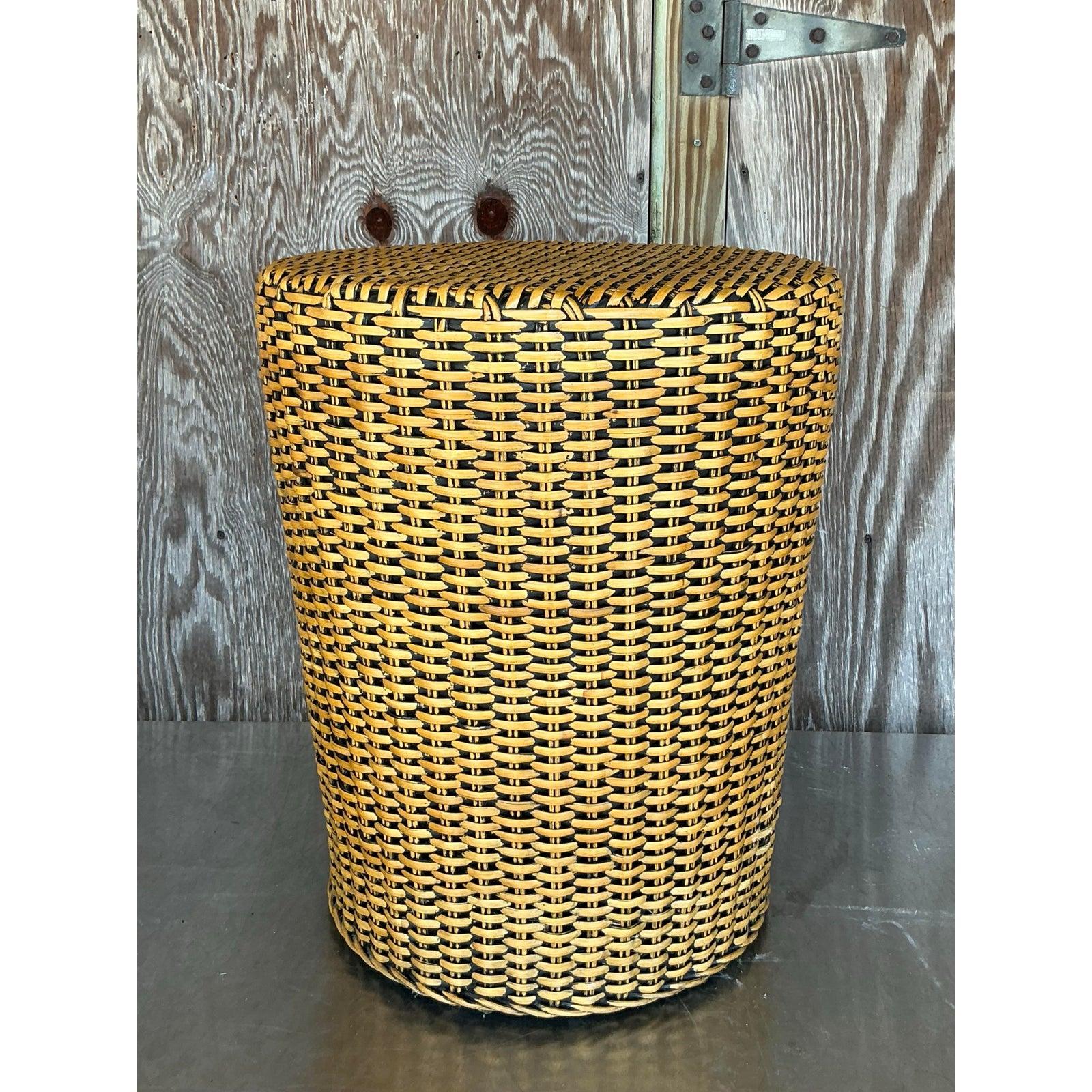 20th Century Vintage Coastal Woven Rattan Side Table For Sale