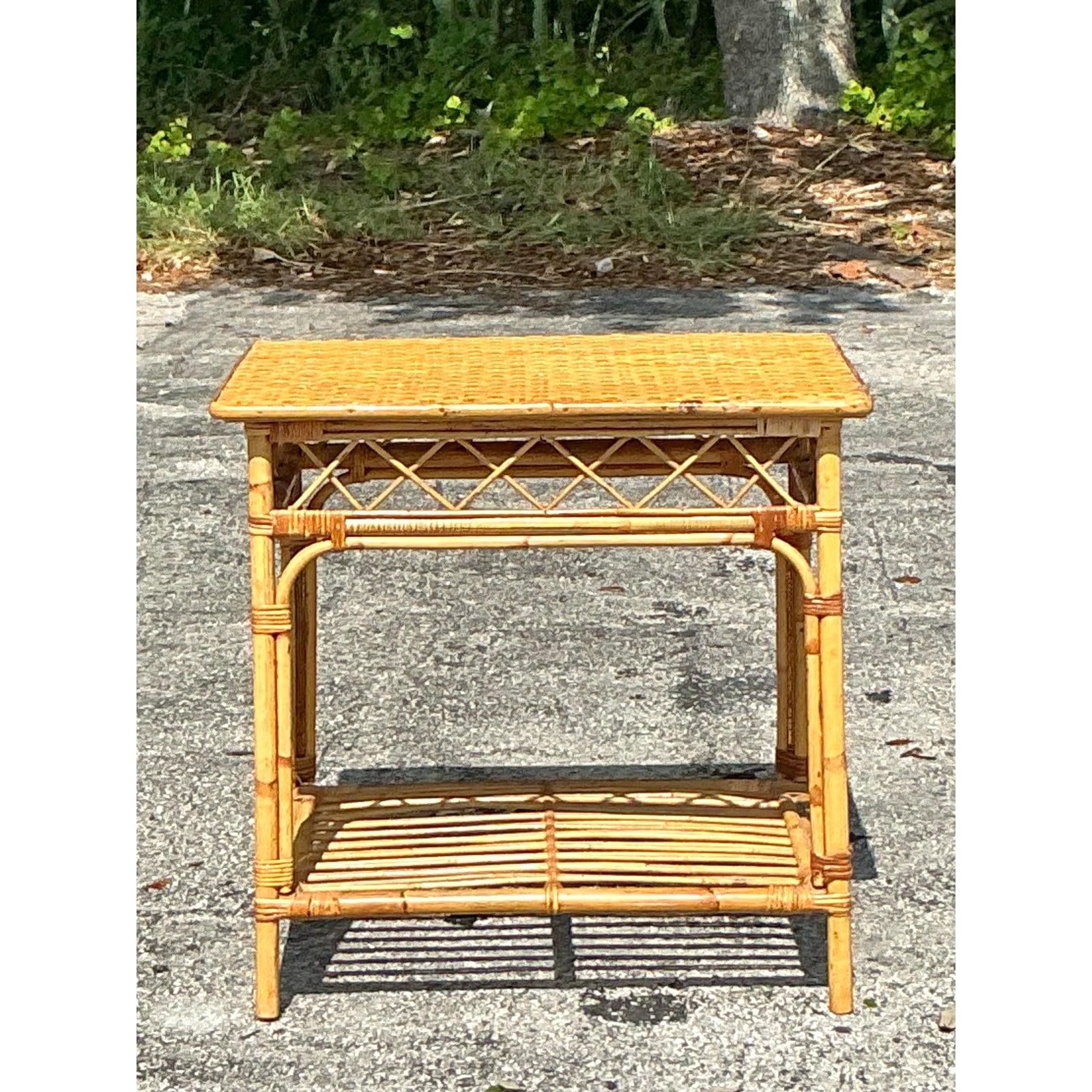 Bamboo Vintage Coastal Woven Rattan Side Table For Sale