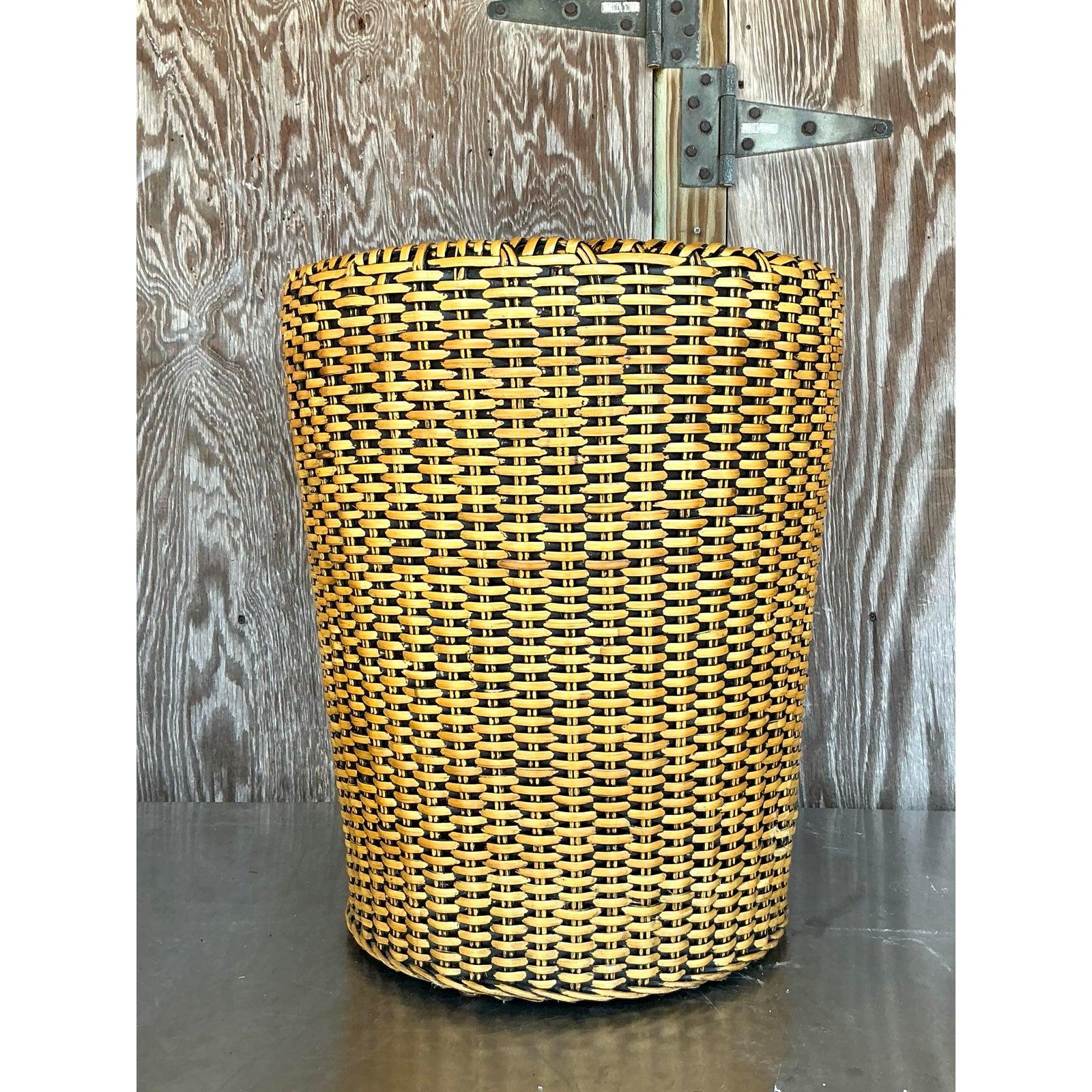 Wicker Vintage Coastal Woven Rattan Side Table For Sale
