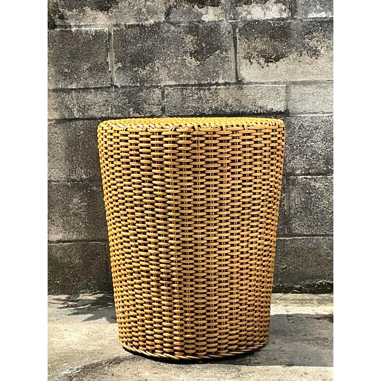 Vintage Coastal Woven Rattan Side Table For Sale 1