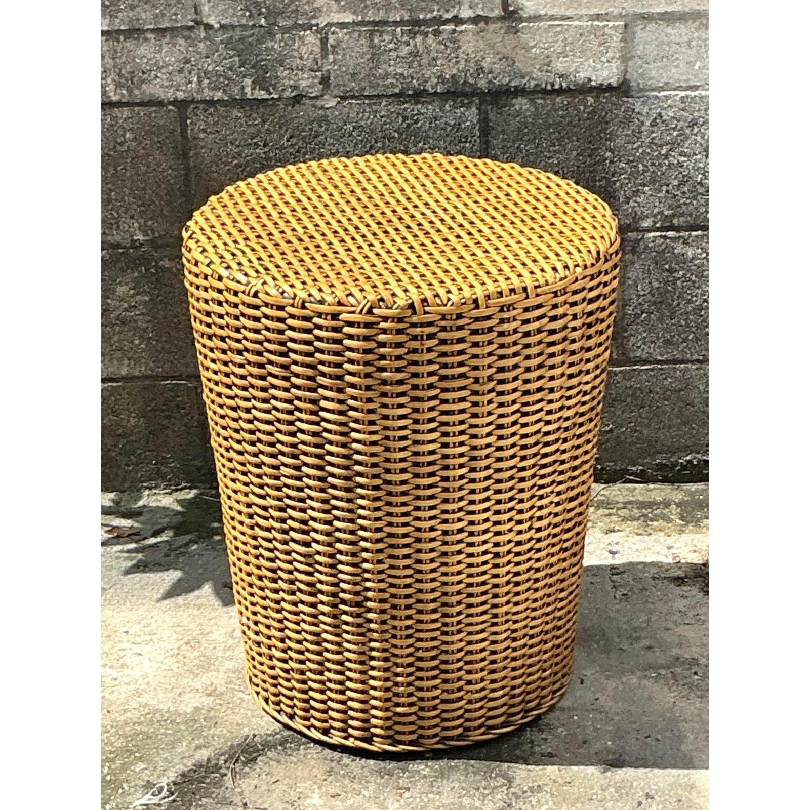 Vintage Coastal Woven Rattan Side Table For Sale 2