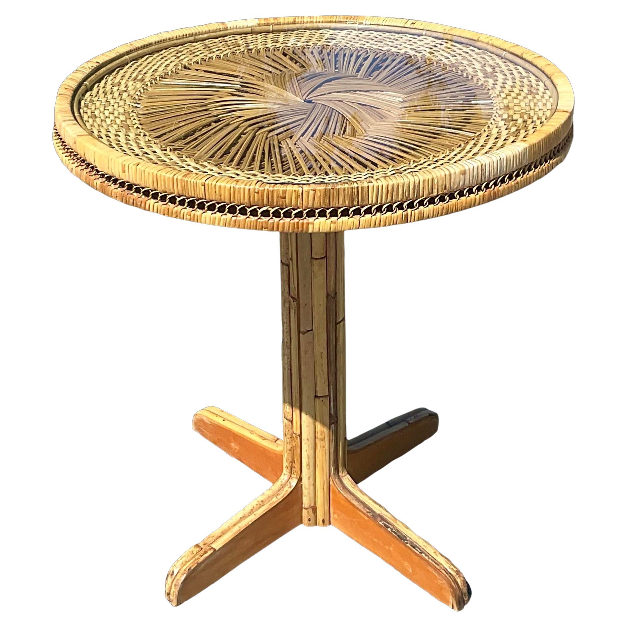 Woven Wicker Stick Rattan Box Side Table For Sale at 1stDibs