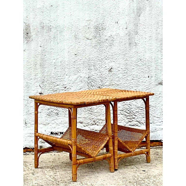 Vintage Coastal Woven Rattan Side Tables, a Pair at 1stDibs