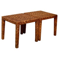 Vintage Coastal Woven Rattan Side Tables, a Pair