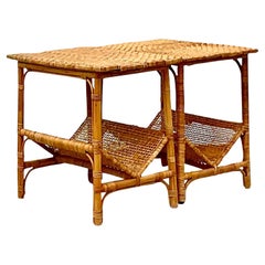 Vintage Coastal Woven Rattan Side Tables, a Pair