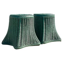 Vintage Coastal Woven Rattan Side Tables, a Pair