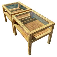 Vintage Coastal Woven Rattan Side Tables - a Pair
