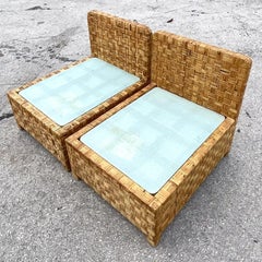 Vintage Coastal Woven Rattan Slipper Chairs, a Pair